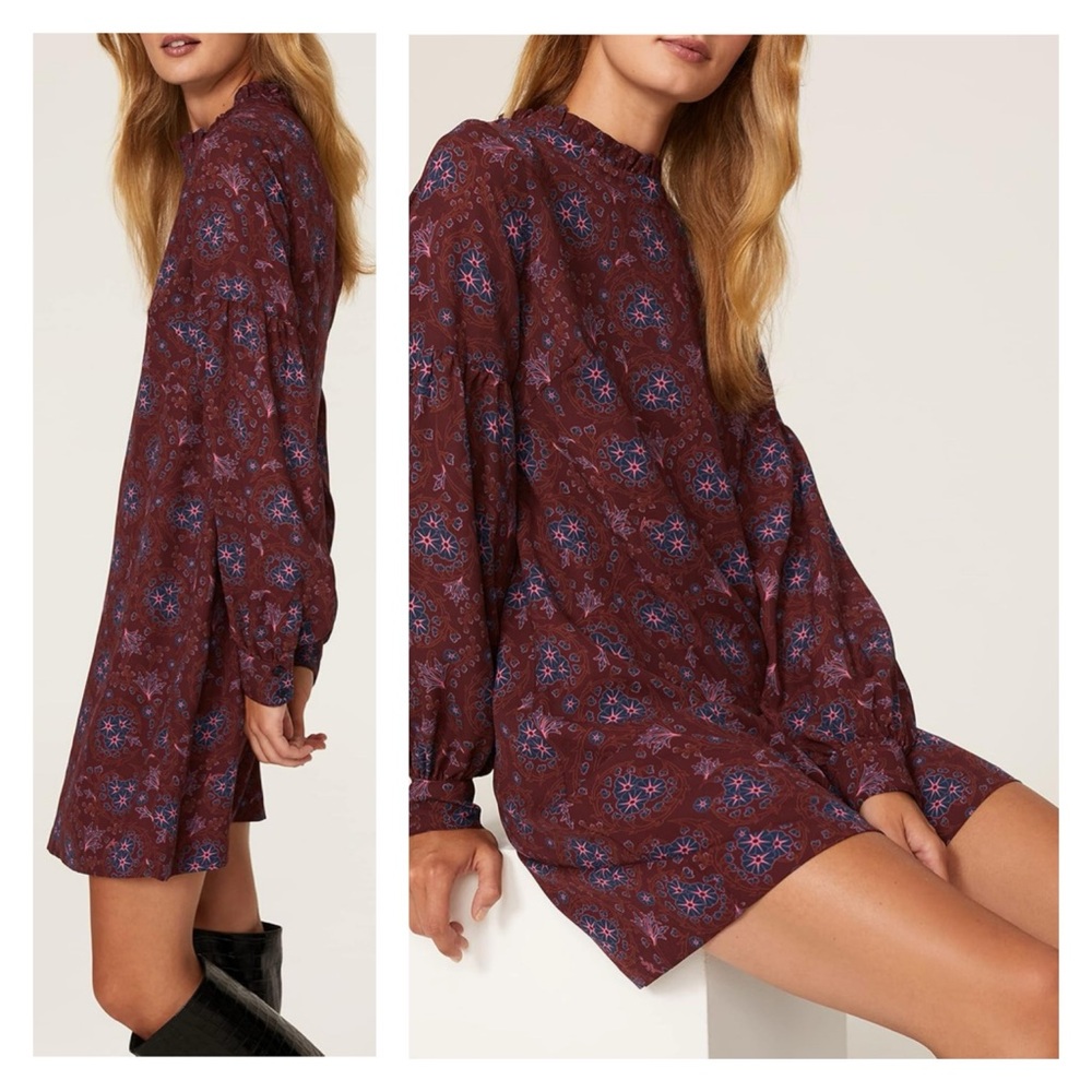 Derek Lam Mock Neck Shift Dress 40 Floral Crepe Maroon 6